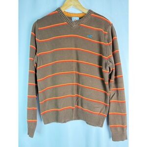 Hollister Mens V-Neck Knit Sweater Striped Brown‎ Orange Casual Cotton Large